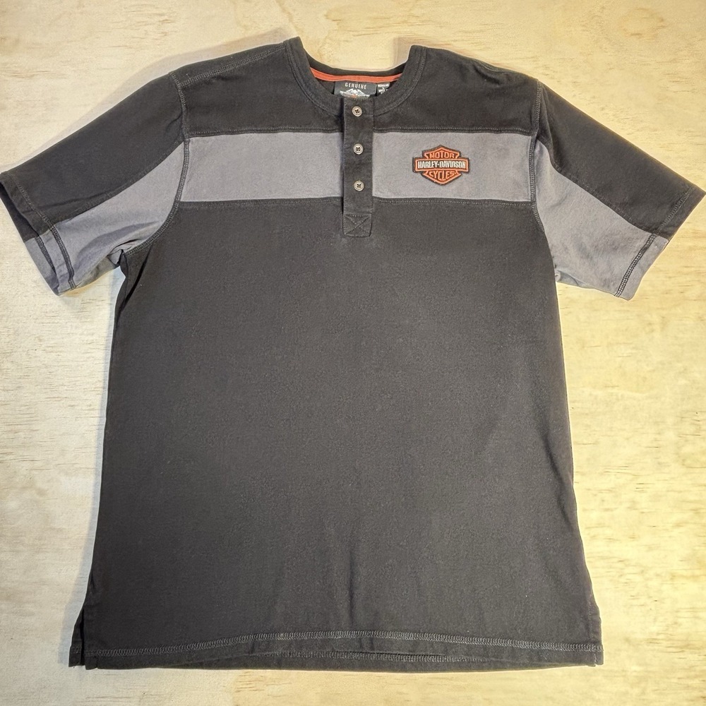 Harley Davidson Black Gray Motorclothes Henley Short Sleeve Shirt Sz Mens Large - Picture 2 of 7